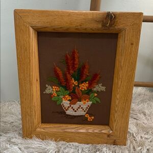Cottagecore Handmade Wooden Framed Cattails In Basket Crewel Embroidery Wall Art